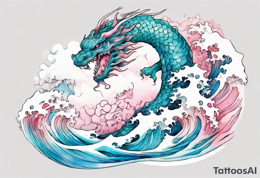 a beautiful turquoise pink and white sea  Fafnir rising from the blue waves of the ocean tattoo idea