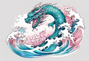 a beautiful turquoise pink and white sea  Fafnir rising from the blue waves of the ocean tattoo idea