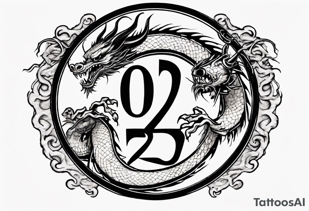 Chinese dragon in a circular shape with "02.03" written on its skin tattoo idea