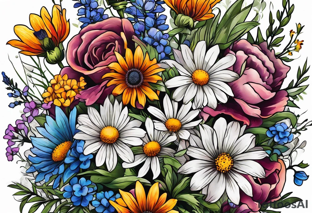 mixed wildflower bouquet detailed with color tattoo idea