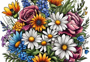 mixed wildflower bouquet detailed with color tattoo idea