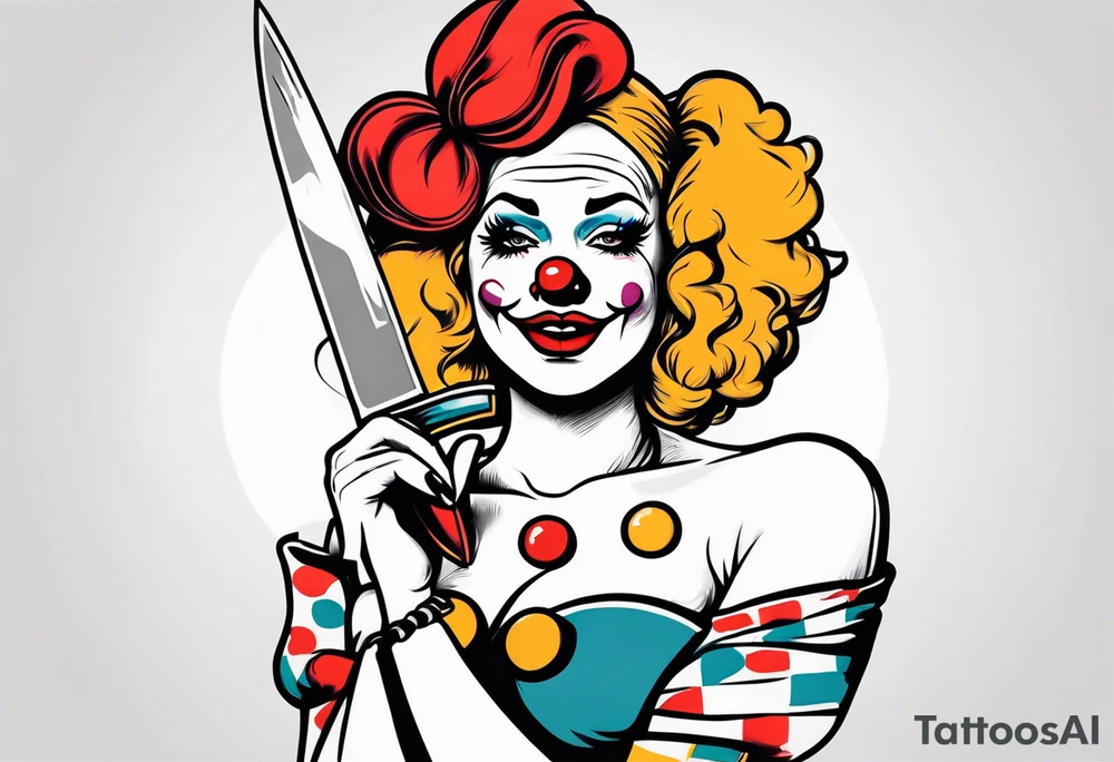 full body female pin up clown holding knife tattoo idea