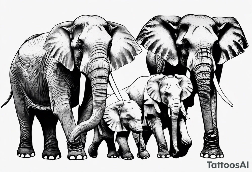 family of 6 elephants walking into sunset tattoo idea