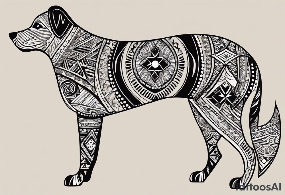 {
  "prompt": "Create a detailed tribal-style image of a dog for the back of a deck of cards. The dog should be depicted symmetrically, with intricate patterns made of bold lines and geometric shapes. Incorporate traditional tribal art elements, such as swirling motifs, detailed ornamentation, and dynamic, flowing lines to convey strength and mysticism. Ensure the overall composition is balanced and centered. The background should be simple, allowing the intricate design of the dog to stand out prominently and create a visually striking, powerful, and elegant design.",
  "size": "1024x1024"
} tattoo idea
