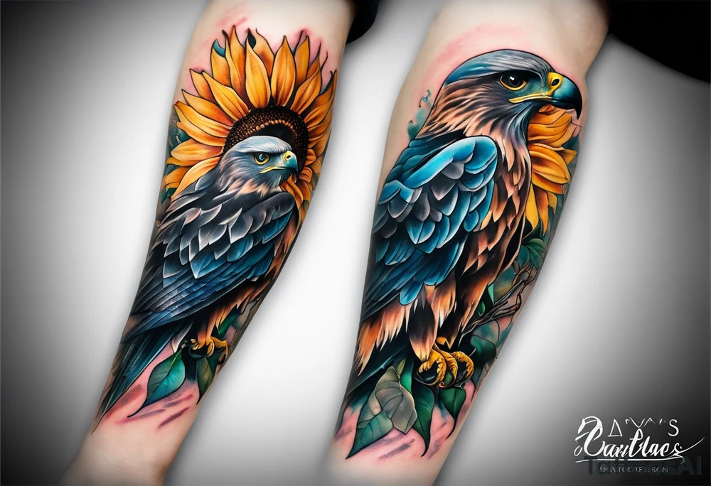 Small inside arm tattoo. Black kite (Daya's name), nature (trees/sea), small sunflower. Soft colours tattoo idea