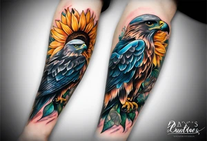 Small inside arm tattoo. Black kite (Daya's name), nature (trees/sea), small sunflower. Soft colours tattoo idea