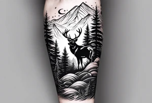 Arm sleeve with a mountain, forest and elk tattoo idea