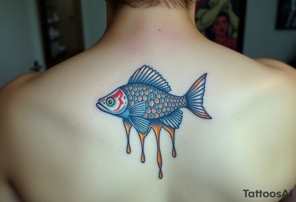 Coi fish swimming through dripping honey comb tattoo idea