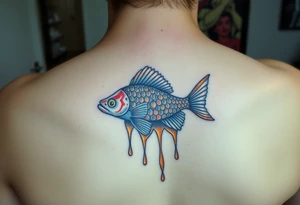 Coi fish swimming through dripping honey comb tattoo idea