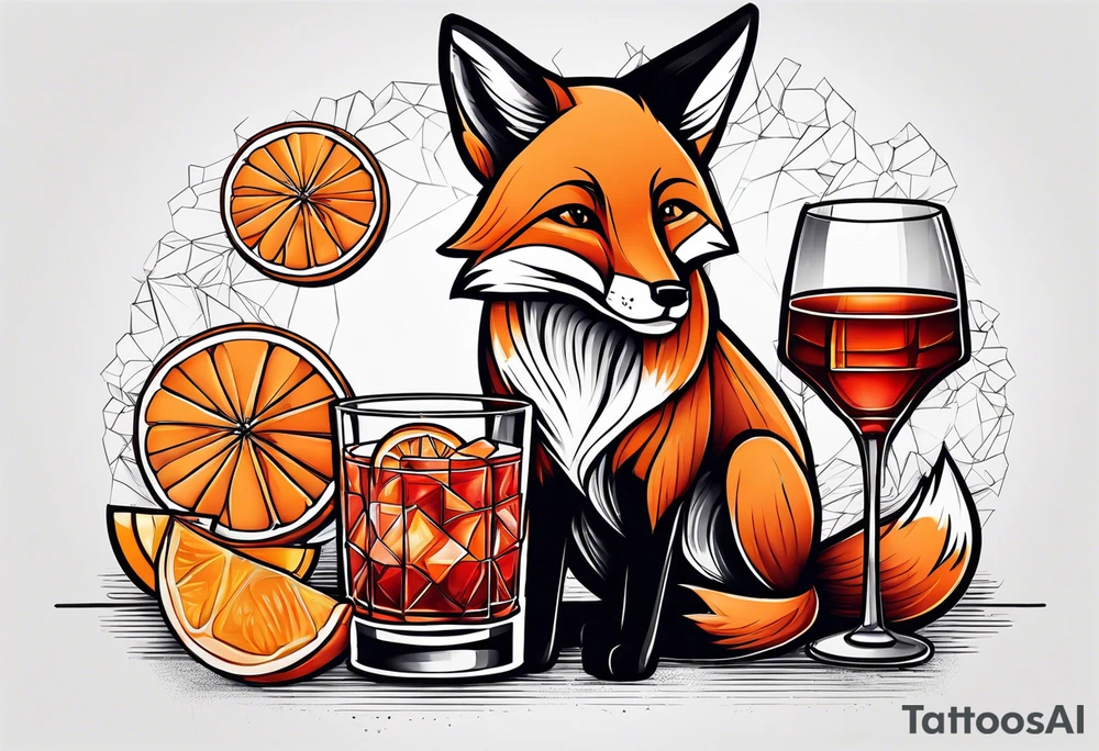 fox with one Negroni in short lowball cocktail glass with ice and orange peel in black tshirt and jeans tattoo idea