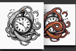 pocket watch being attacked by an aggressive octopus tattoo idea