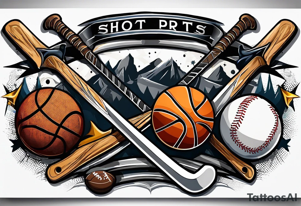 crossed hockey sticks with sports equipment that says "SHOT SPORTS" tattoo idea