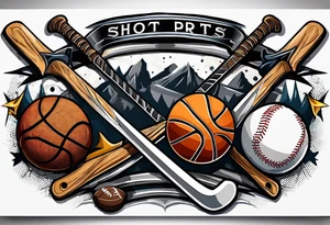 crossed hockey sticks with sports equipment that says "SHOT SPORTS" tattoo idea