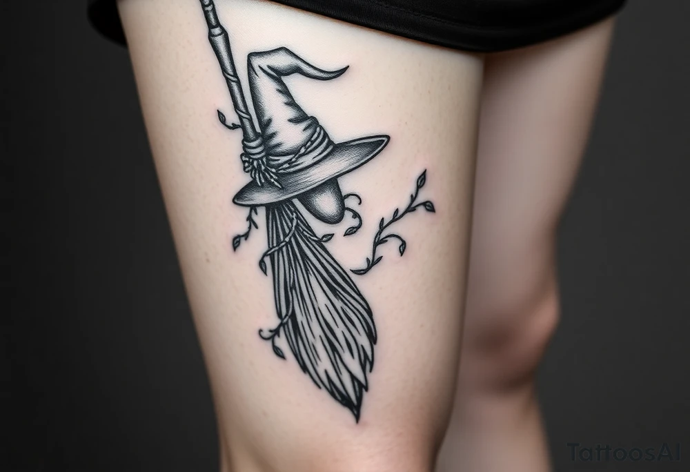 Which is broom with handle
 a witches hat with vines and feathers 
Smaller broom with hat placed on top or in the middle
Feminine and on a leg tattoo idea