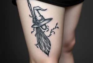 Which is broom with handle
 a witches hat with vines and feathers 
Smaller broom with hat placed on top or in the middle
Feminine and on a leg tattoo idea