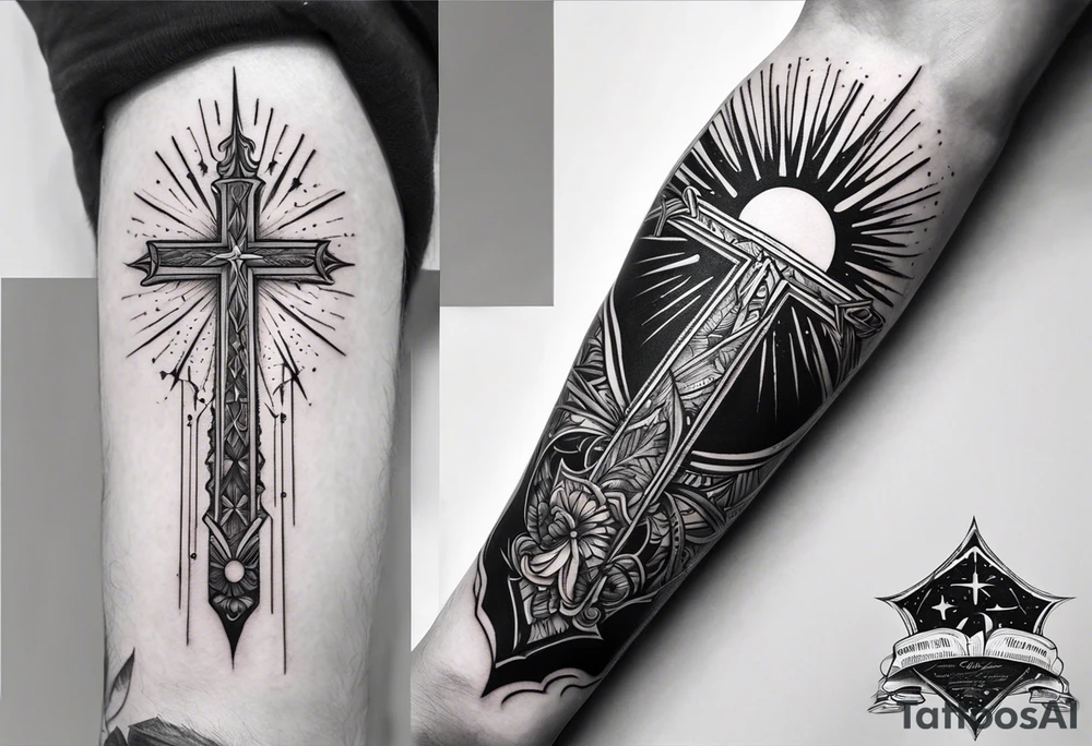 Forearm tattoo cross with rays of sun, 08/21/2024 in with Jeremiah 29:11 tattoo idea