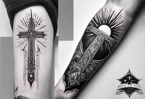 Forearm tattoo cross with rays of sun, 08/21/2024 in with Jeremiah 29:11 tattoo idea