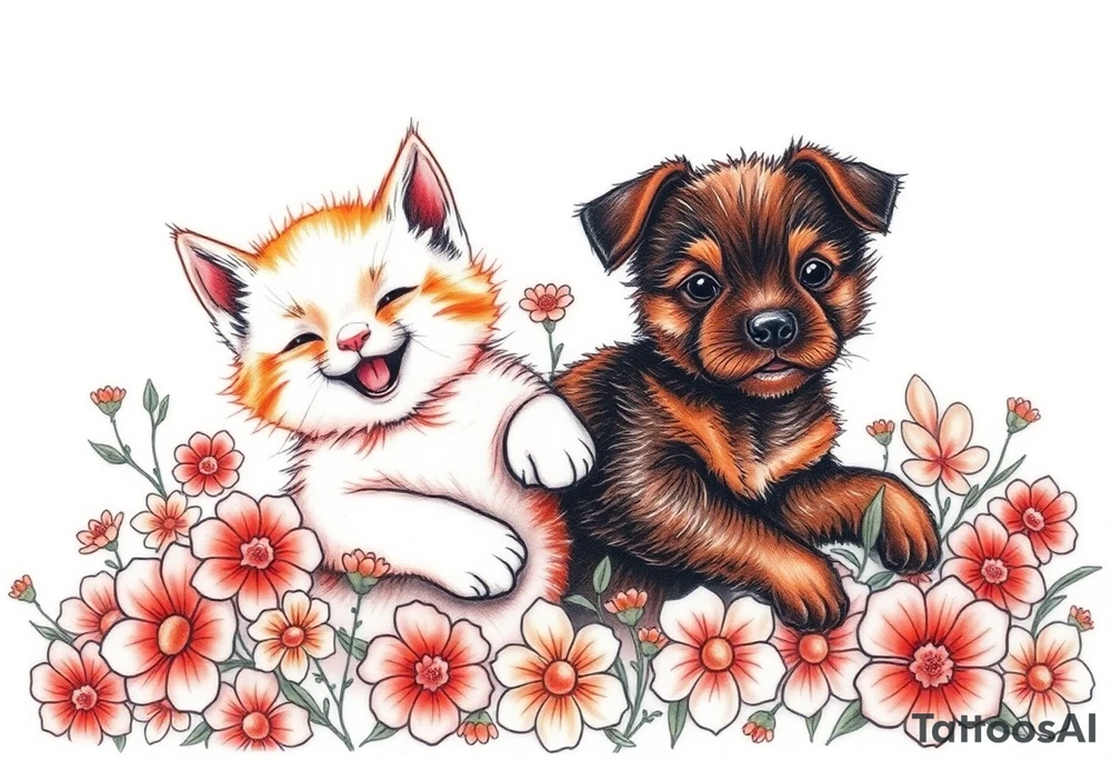 A white and orange kitten happy as can be I can even see a smile while a dark brown short hair puppy full of love and joy rolling around in a bed of flowers together tattoo idea