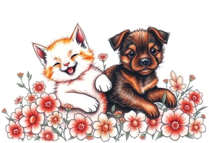 A white and orange kitten happy as can be I can even see a smile while a dark brown short hair puppy full of love and joy rolling around in a bed of flowers together tattoo idea