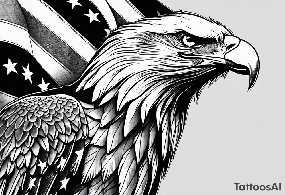 American flag flowing down arm with bald eagle head tattoo idea