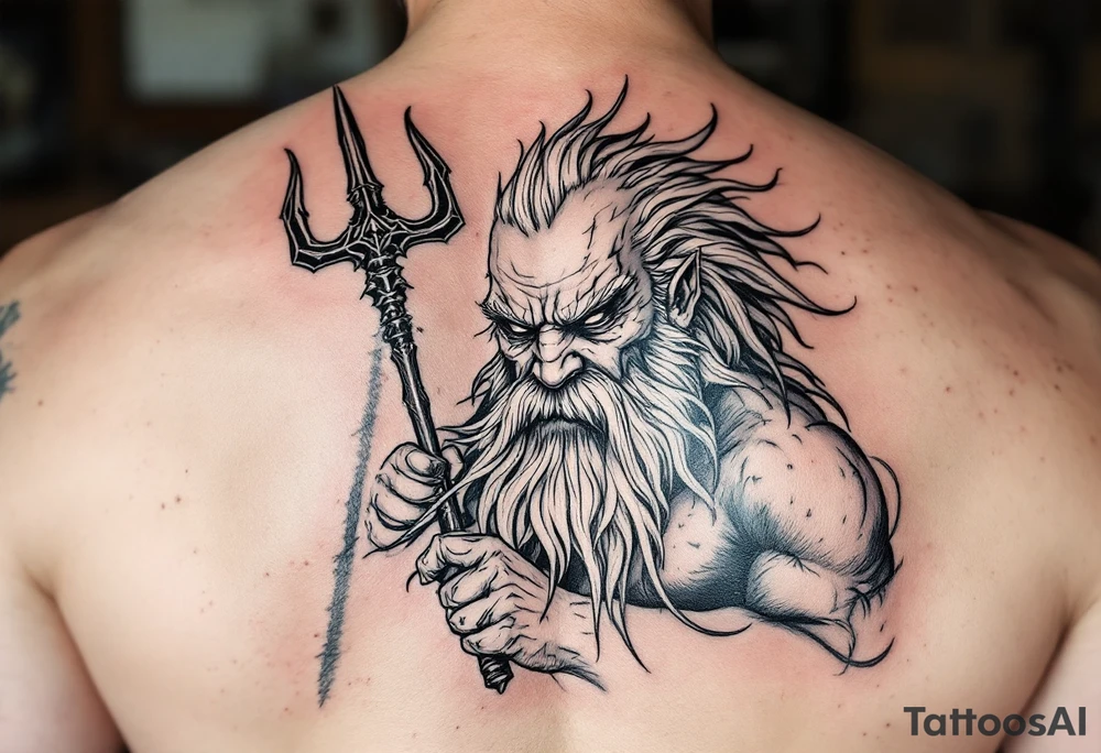 mid aged poseidon with huge trident tattoo idea