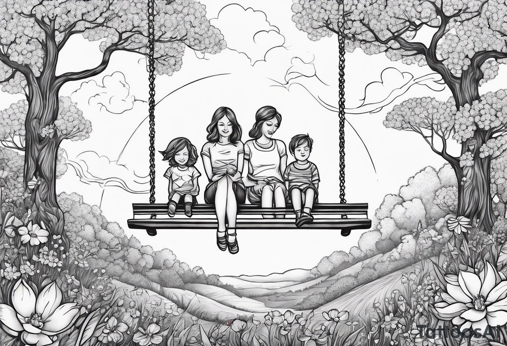 Mom with son and daughter on a swing in the distance in a field of flowers tattoo idea