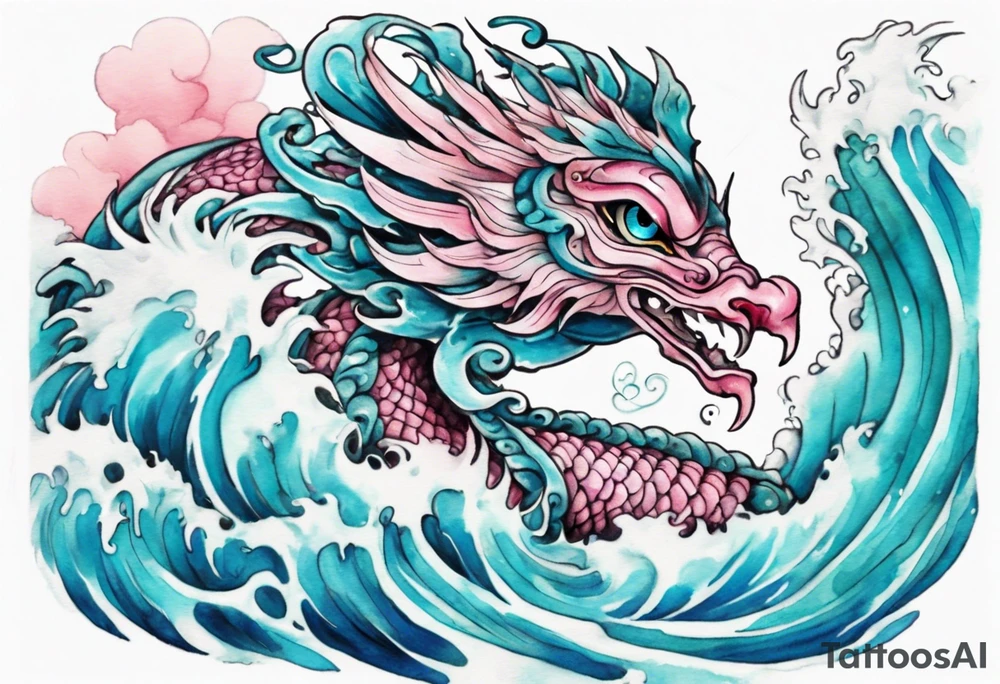 a turquoise and white and pink feathered serpent with beautiful eyes emerging from the blue waves of the ocean tattoo idea