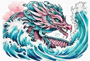 a turquoise and white and pink feathered serpent with beautiful eyes emerging from the blue waves of the ocean tattoo idea
