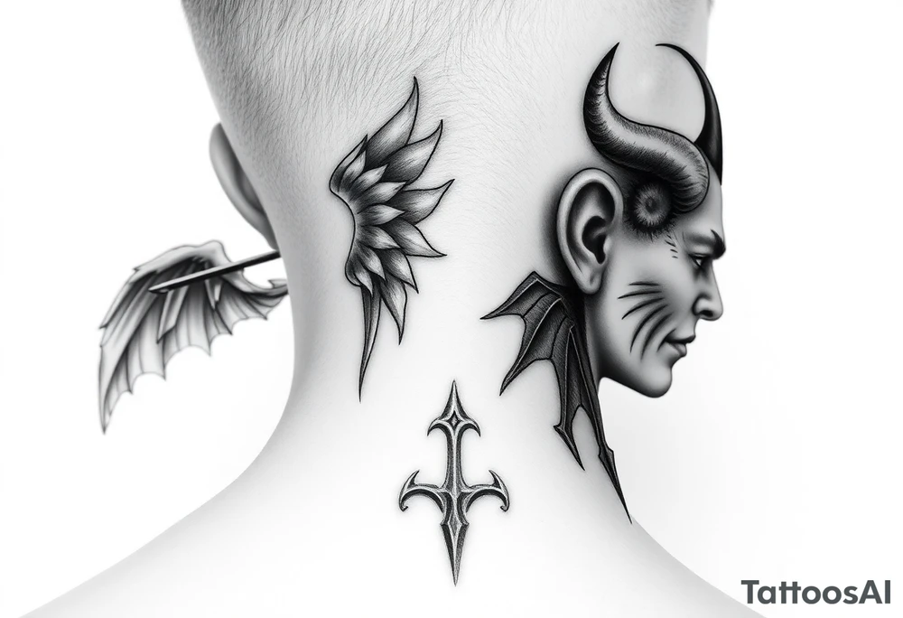 position behind the neck Angel (on the right) whispering in the right ear, demon (on the left) whispering in the left ear. It must be as realistic as possible. tattoo idea