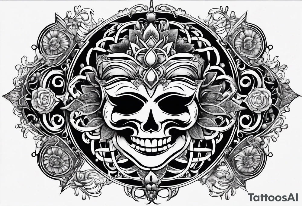 Labyrinth with symbols of bells and masquerade tattoo idea