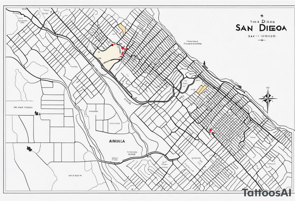 The exact Route from San Francisco to San Diego as a Single Line on the Streetmap from California, without any other Details tattoo idea