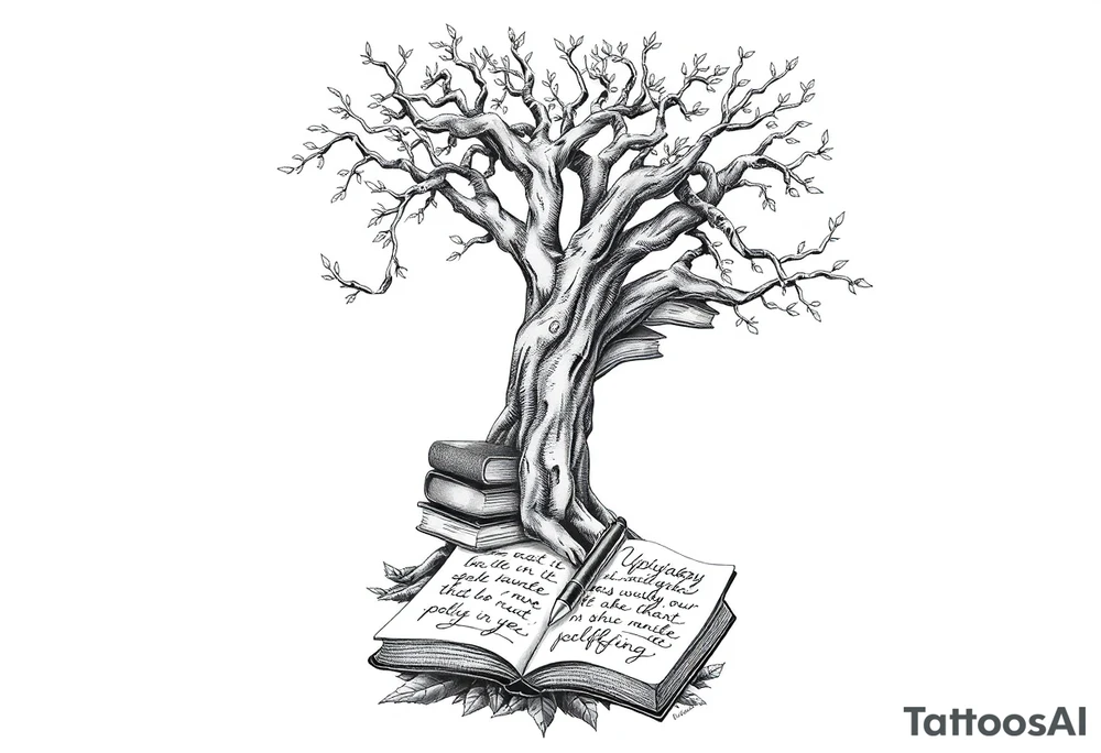 Majestic tree of knowledge with books connected as roots stacked up and an open journal with beautiful cursive writing at the base with a fountain pen for the left arm sleeve tattoo idea