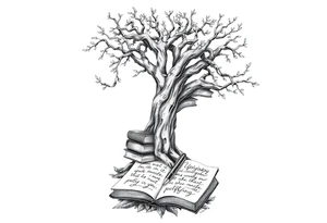 Majestic tree of knowledge with books connected as roots stacked up and an open journal with beautiful cursive writing at the base with a fountain pen for the left arm sleeve tattoo idea