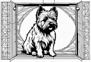 cairn terrier sitting on floor and looking out tall octagonal window together tattoo idea