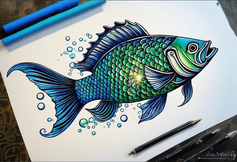 “A highly detailed and artistic tattoo design featuring a large, majestic fish riding on top of realistic tank treads. The fish should have vibrant, shimmering scales in shades of blue and green. The tank treads should be intricately designed with visible gears and metal links, emphasizing a mechanical look. The background should blend underwater elements with mechanical parts, including bubbles and smaller fish. The overall style should combine realism with a fantasy element, making it perfect for a unique and eye-catching tattoo.” tattoo idea