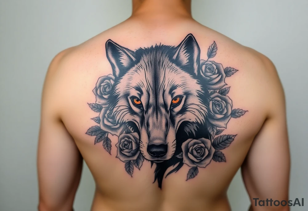 All black wolf half torso
(front facing) with orange eyes surrounded by blue roses tattoo idea
