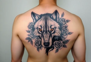 All black wolf half torso
(front facing) with orange eyes surrounded by blue roses tattoo idea