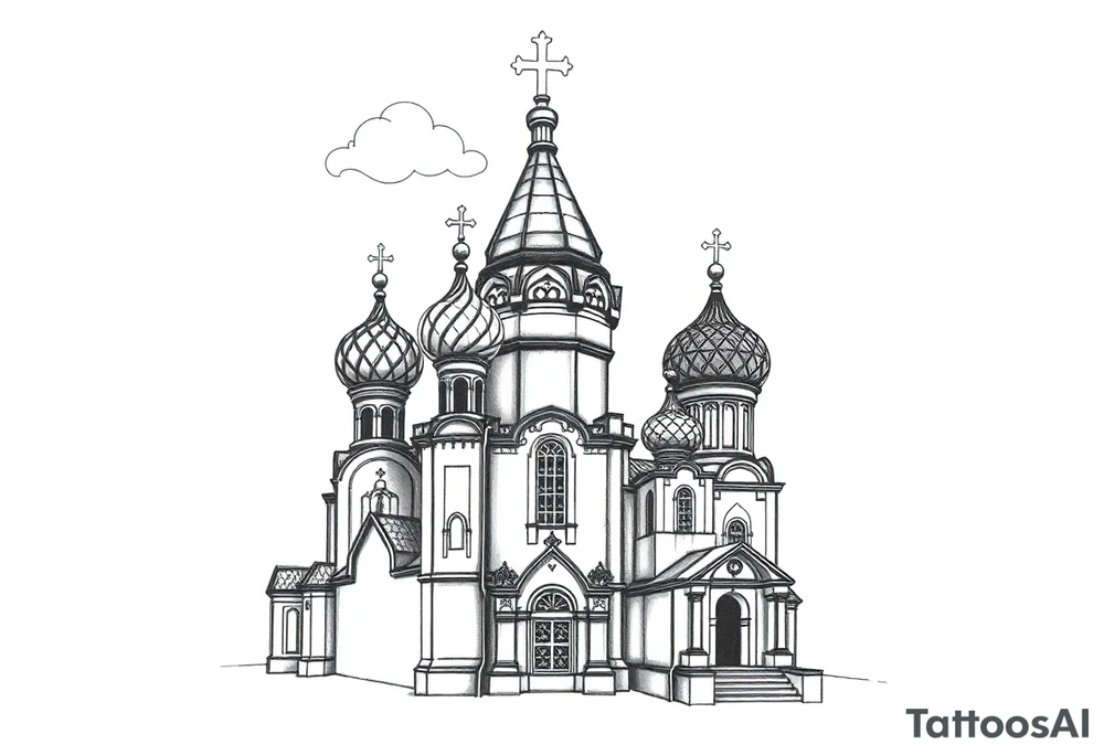 highly detailed Russian Orthodox cathedral with onion domes and orthodox crosses, done in fine line, engraving-like style. Cohesive composition, black ink only, no color, high contrast, slightly aged, documentary-style, plain light background. with clouds above it and a virgin mary over looking tattoo idea