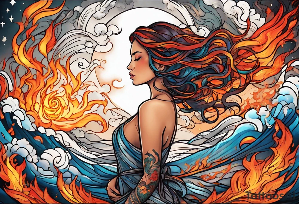 Resurrection strength and courage Beautiful Woman walking through fire and chaos to inner peace and self-love  ethereal tattoo idea