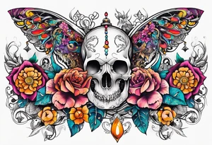 Floral chest piece with animal skull and gems tattoo idea