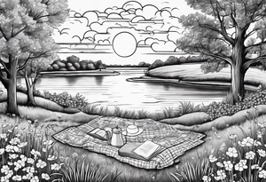 picnic scene in nature by a lake with bushes, tress and flowers, with a shecker blanket, a picnic basket, pillows and a sun in the sky tattoo idea