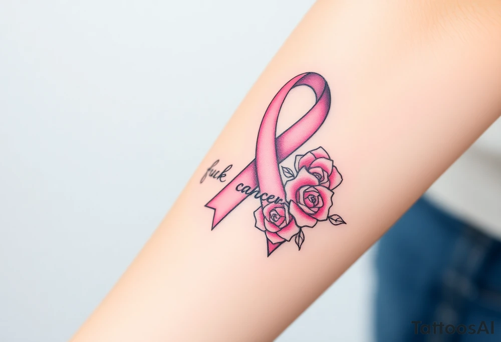 Pretty pink Cancer ribbon that says "fuck cancer"with 3 light pink roses tattoo idea