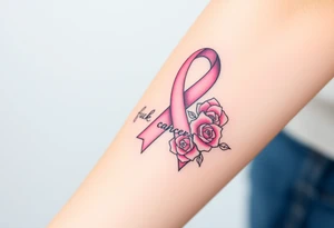 Pretty pink Cancer ribbon that says "fuck cancer"with 3 light pink roses tattoo idea