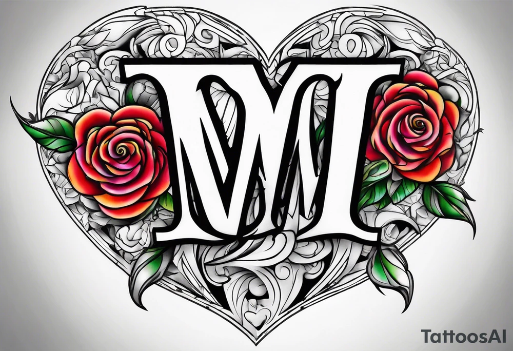 Letter M heart roses tattoo idea