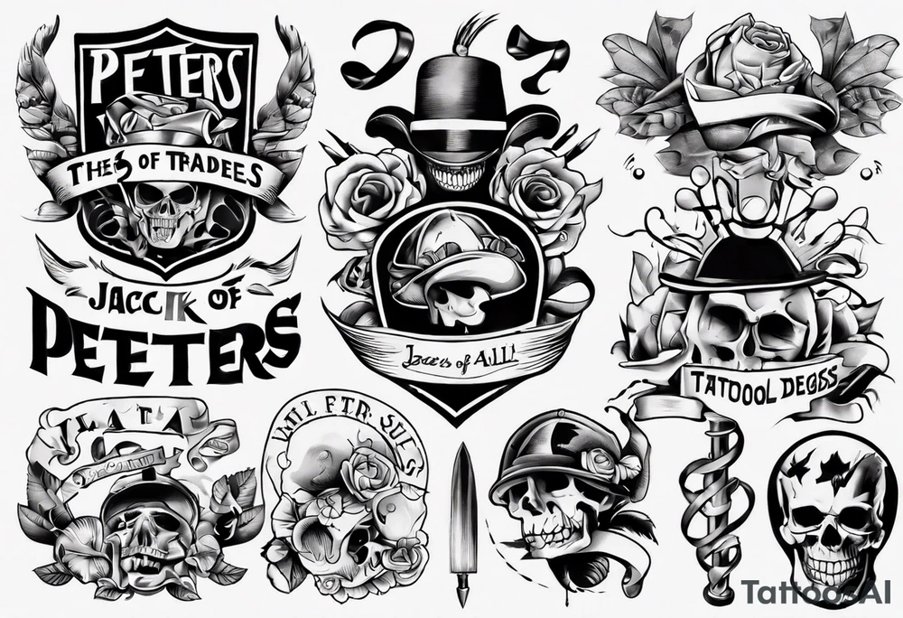 men’s arm sleeve, the name Peters, jack of all trades tattoo idea