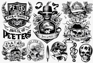 men’s arm sleeve, the name Peters, jack of all trades tattoo idea
