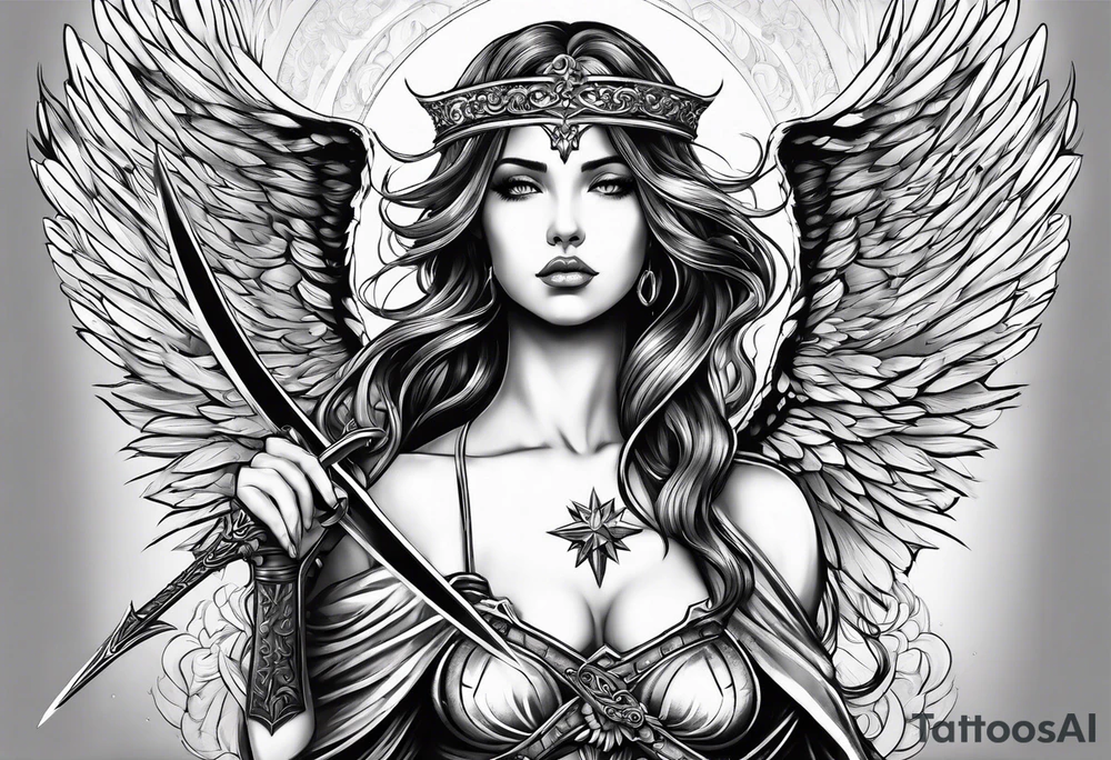 Female angel with sword and beauty dominance tattoo idea