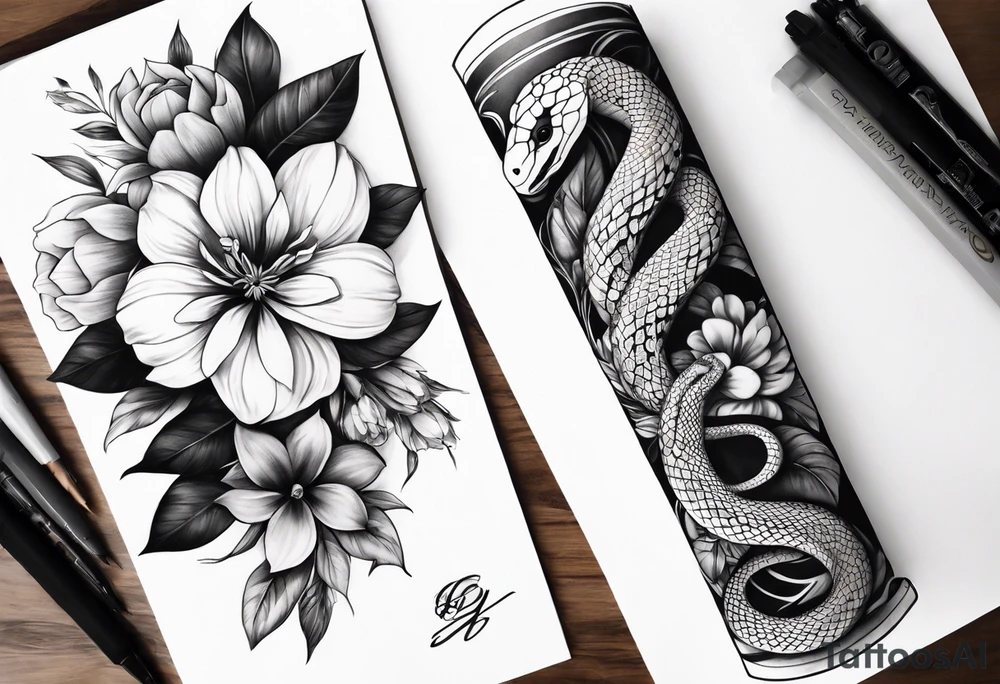 High contrast black and grey forearm snake and flower sleeve tattoo idea