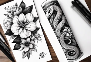 High contrast black and grey forearm snake and flower sleeve tattoo idea