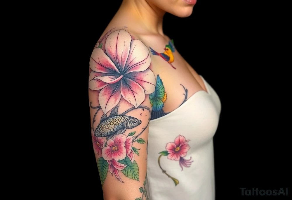 orchid flower ,  Coi fish and colorful birds tattoo idea